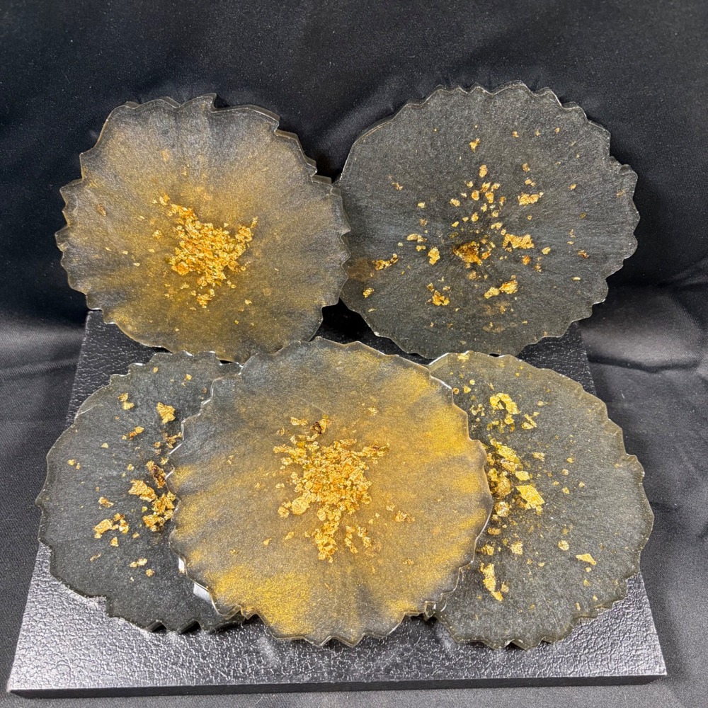 Vintage Resin/Lucite Coaster Set of 5 Black Gold Leaf Geode Scalloped Edge 5"